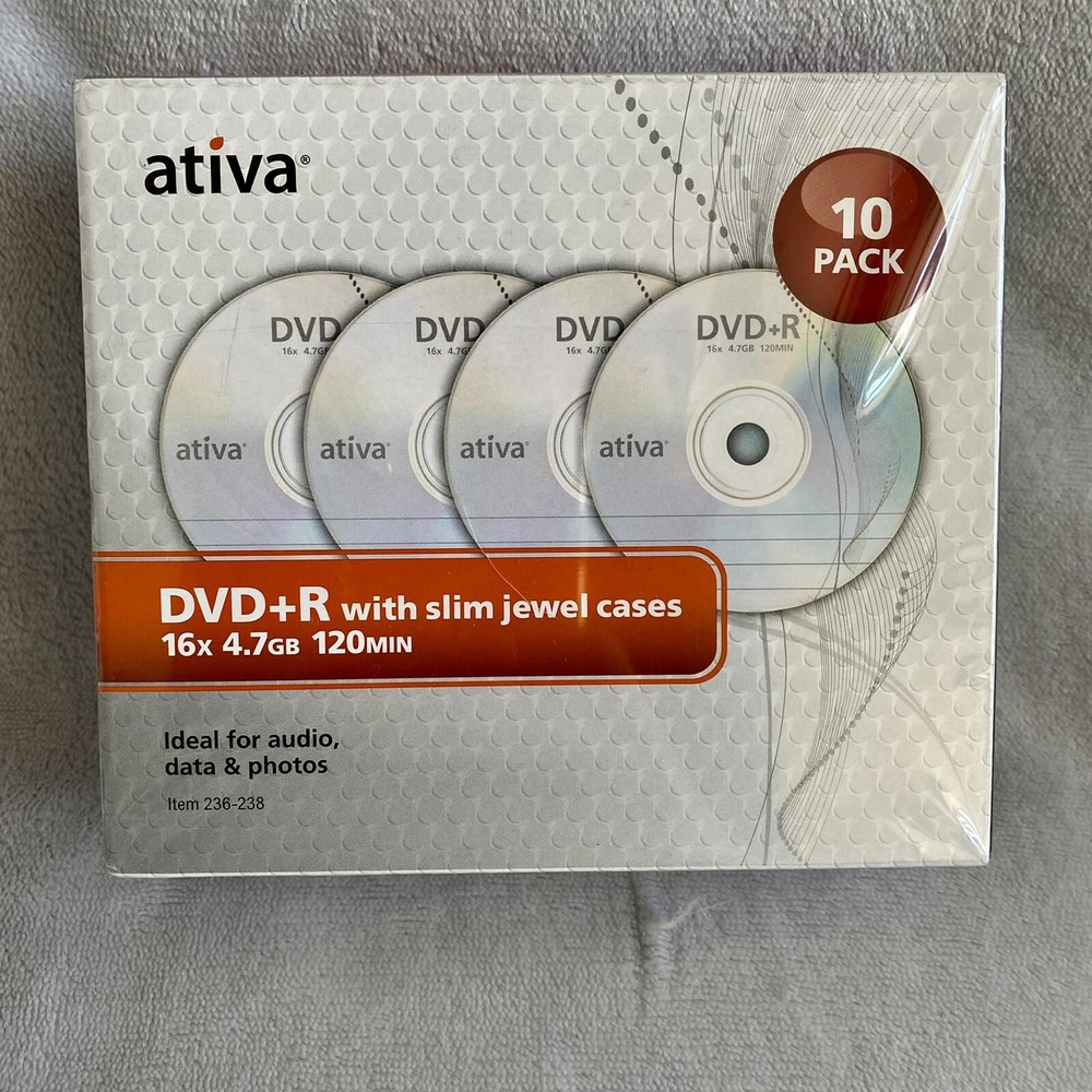 Ativa DVD+R Blank Recordable Discs 10 Pack Slim‎ Jewel Cases 16x 4.7GB Sealed
